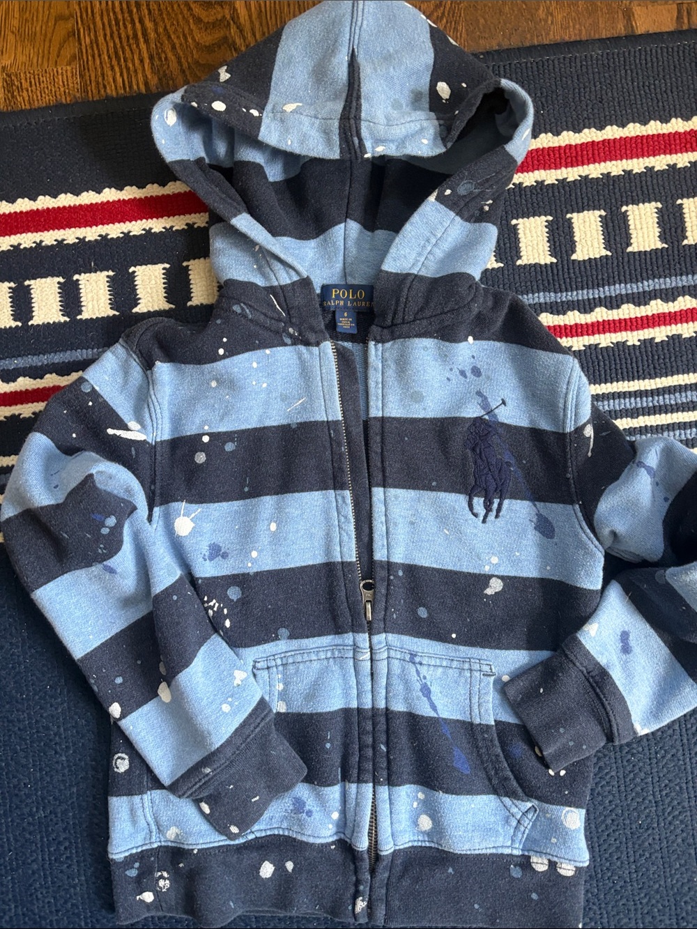 Polo Ralph Lauren Blue & Navy Stripe Hoodie with Paint-Splatter